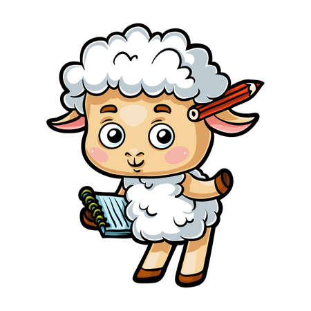 Cartoon illustration for children, Sheep writer with a pencil and a notebookのイラスト素材