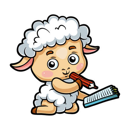 Cartoon illustration for children, Sheep writer with a pencil and a notebookのイラスト素材