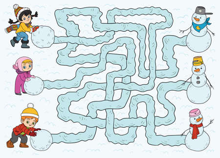 Maze game, educational game for children. Children and snowmenのイラスト素材