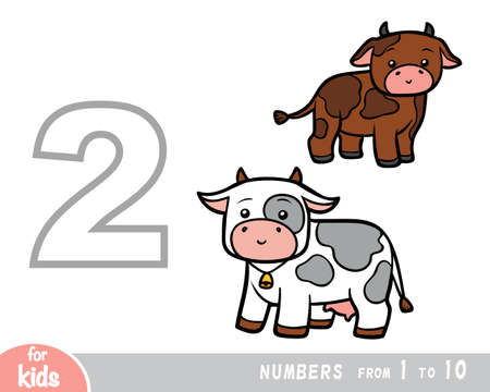 Educational poster for children about numbers. Digit two, two cows. Vector cartoon illustration. Learning counts for preschoolersのイラスト素材