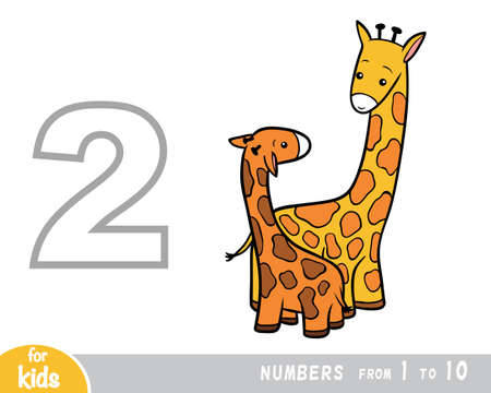 Educational poster for children about numbers. Digit two, two giraffes. Vector cartoon illustration. Learning counts for preschoolersのイラスト素材