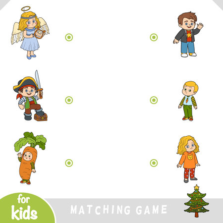 Matching game for children. Find what costumes the kids are wearing. Festive masqueradeのイラスト素材