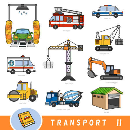 Color transport set, collection of vector items with names in English. Cartoon visual dictionary for childrenのイラスト素材
