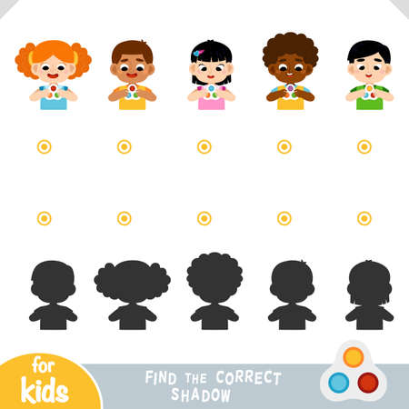 Find the correct shadow, education game for children. Girls and boys holding antistress simple dimple toy in handsのイラスト素材