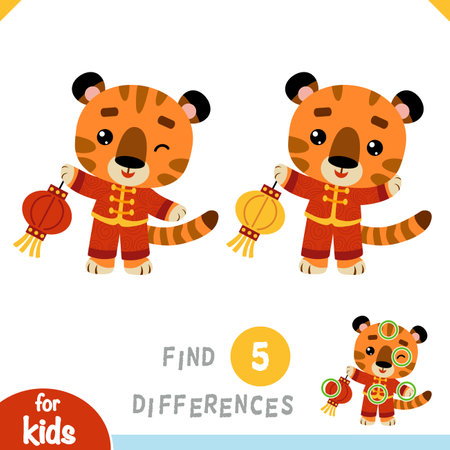 Find differences, educational game for children, Tiger and chinese lanternのイラスト素材