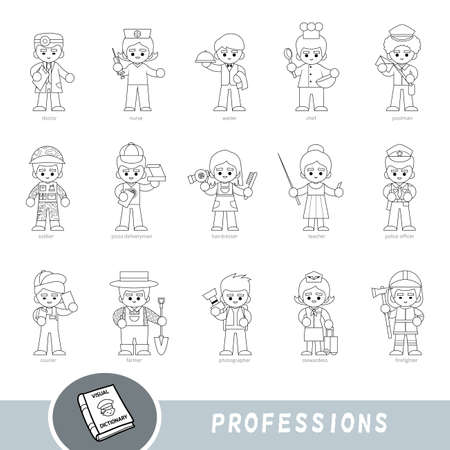 Black and white set of professions. Visual dictionary for children about professional occupation. Cartoon set of color charactersのイラスト素材