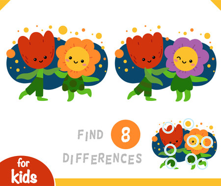 Find differences educational game for children, Cartoon characters flowers dancingのイラスト素材
