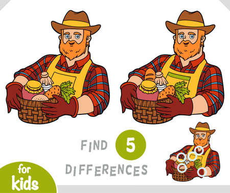 Find differences educational game for children, Farmer with a basket of fruits and eco productsのイラスト素材