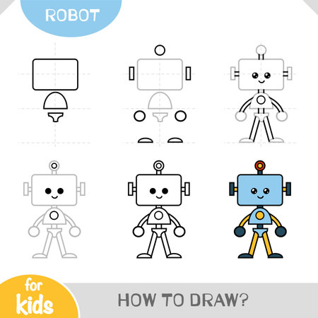 How to draw Robot for kids. Step by step drawing tutorial. A simple guide to learning to drawのイラスト素材