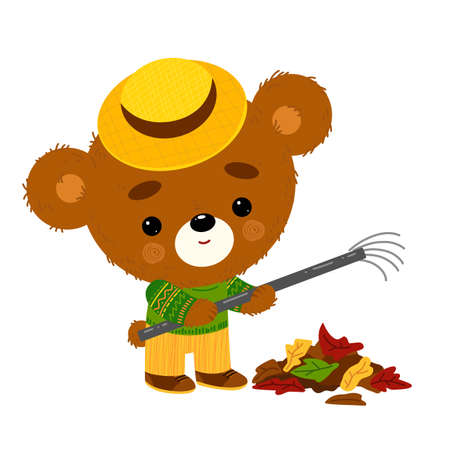 Cartoon vector illustration for children, Cute bear cleans autumn leaves with a rakeのイラスト素材