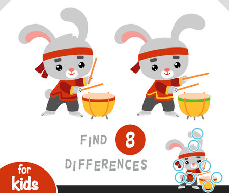 Find differences educational game for children, Chinese new year character rabbit and drum Tangguのイラスト素材