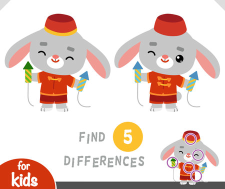 Find differences educational game for children, Chinese new year character rabbit and fireworksのイラスト素材