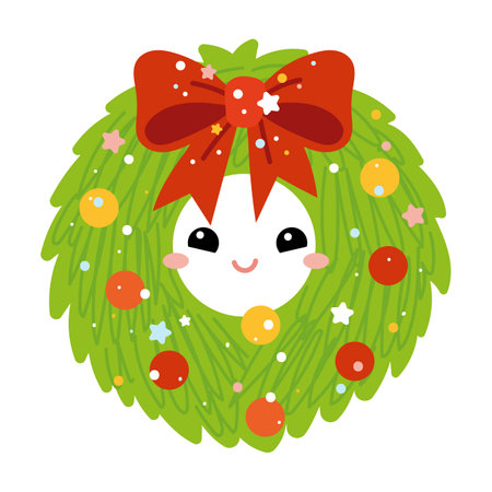 Cute Christmas wreath with a red bow. Cartoon vector illustration for childrenのイラスト素材