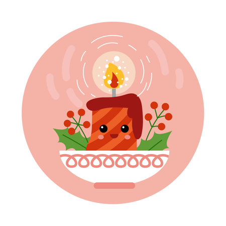 Cute Christmas candle on round background. Cartoon vector illustration for childrenのイラスト素材