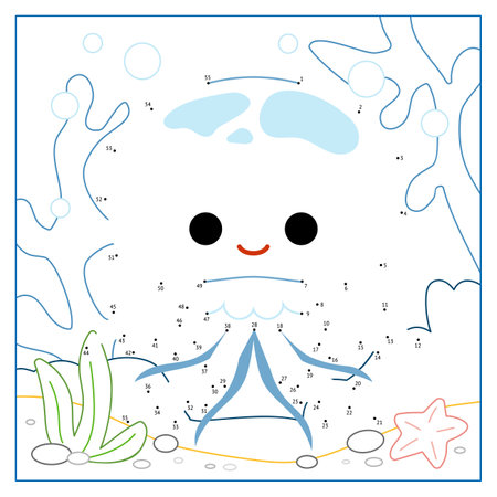 Numbers game, education dot to dot game for children, Cute jellyfish and undersea backgroundのイラスト素材