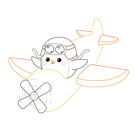 Coloring book for children, Cute penguin pilot is flying on an airplaneのイラスト素材