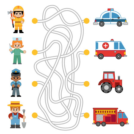 Maze game for children, connect the professional people to their transport. Cartoon sen of characters and cars. Nurse with a syringe, Farmer with a shovel, Police officer, Firefighter with an axのイラスト素材