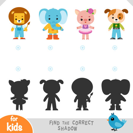Find the correct shadow, education game for children, Set of cute cartoon characters elephant, lion, pig and dogのイラスト素材