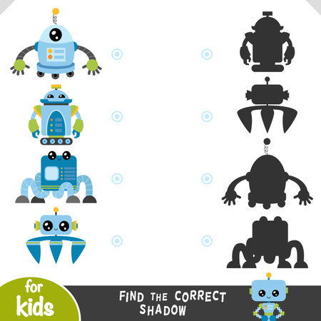 Find the correct shadow, education game for children, Set of cute cartoon robotsのイラスト素材