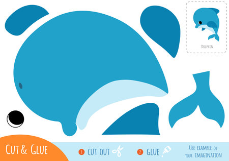 Educational paper game for children. Use scissors and glue to make a cute cartoon dolphin from the colored pieces.のイラスト素材