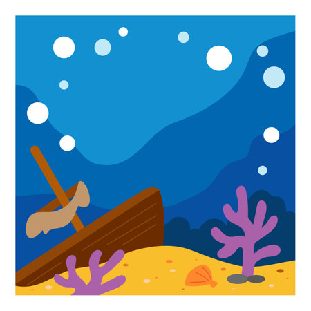 Underwater sea background. Cartoon ocean floor with sunken ship and seaweeds. sea bottom landscape. tropical marine life. Square flat vector illustration.のイラスト素材