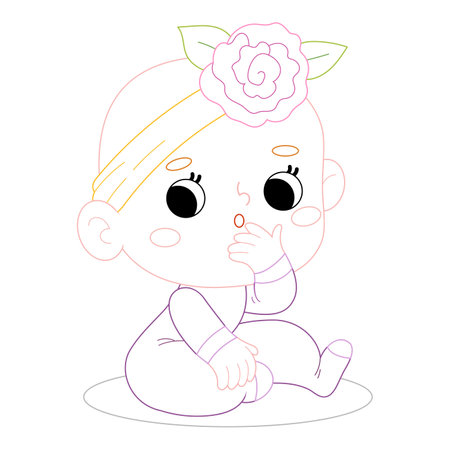 Coloring book for children, Cute cartoon baby girl with a pensive expression on her faceのイラスト素材