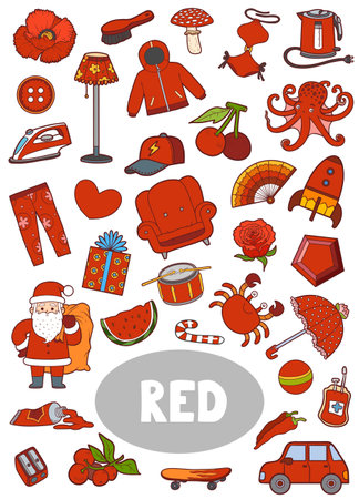 Colorful set of red color objects. Visual dictionary for children about the basic colors. Vertical cartoon sheet with isolated images to learning for kindergarten and preschool learningのイラスト素材