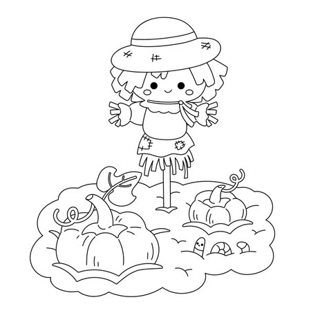 Coloring book for children, Cute scarecrow and pumpkin patchのイラスト素材
