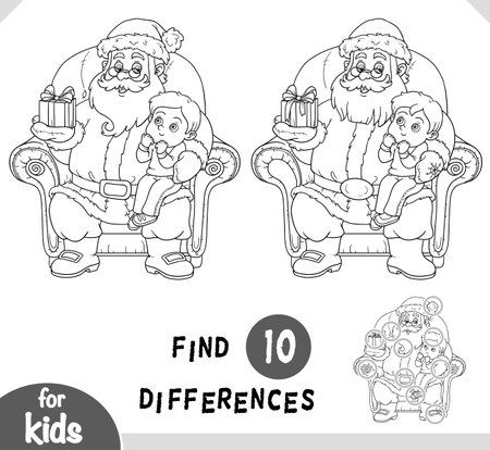 Cute cartoon Santa Claus with a boy on his lap. Black and white find differences educational gameのイラスト素材