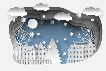Illustration winter coming. Merry Christmas and Happy New Year 2018 background. Paper art and craft styleのイラスト素材