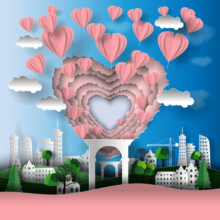 3D paper illustration of the city with skyscrapers, cars, balloon, heart, inscription love. Valentine's day, woomen's day, greeting cards. The style of paper art.のイラスト素材