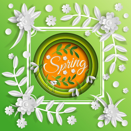 Spring banner with paper cut flowers and leafs for banners, brochures and other. Paper art craft style.のイラスト素材