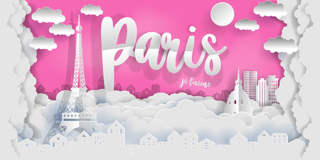 Paris Eiffel Tower, France. With the text in French "Paris I love you". Paper art cut style vector illustration.のイラスト素材