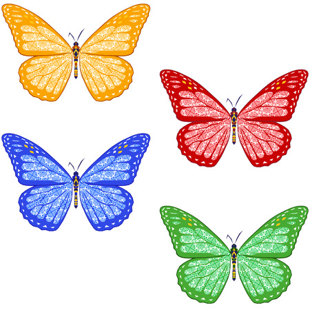 set of colorful textured butterflies on white background. isolated. vector illustration.のイラスト素材