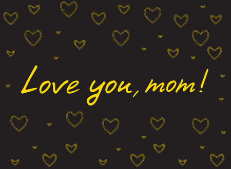 Happy mother's day card with handlettering and mosaic hearts. gold on black background. love you mom. vector illustration.のイラスト素材