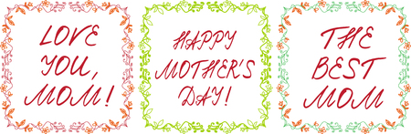 Happy mother's day cards set with handdrawn floral border and handlettering. vector illustration.のイラスト素材