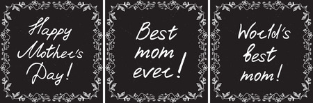 Happy mother's day cards set with handdrawn floral border and handlettering on chalkboard background. vector illustration.のイラスト素材