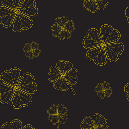 Saint Patrick's Day pattern with gold  tender clover leaves on black background. vector illustration.のイラスト素材