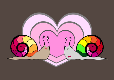 Two snail's. Big hearts on grey background. Love. Valentine greeting card.のイラスト素材