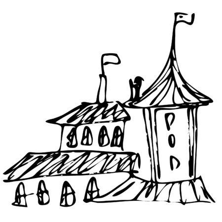 Buildings sketch on white, vector illustration. Ink traceのイラスト素材