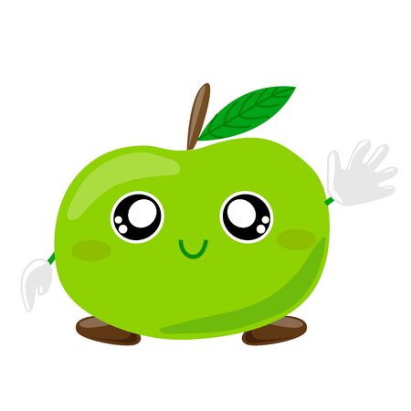 Fruit characters. Smiling cute Green Apple Cartoon Character Waving For Greeting . Vectorのイラスト素材