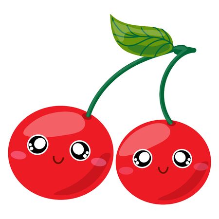 Fruit characters. Cute cartoon kawaii cherry character. Vector isolated image of a cherry, fruit. Sweet face. Isolated on transparent background.のイラスト素材