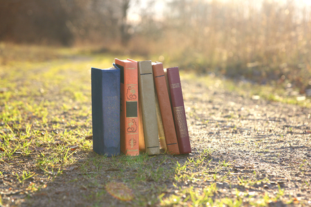Books on nature sunny background. Sunny day. Mystic day. Mystic booksの写真素材