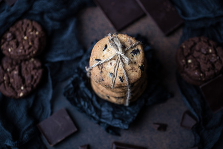 Chocolate chip cookies on a wooden table. Homemade cookies dessert.