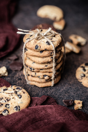 Chocolate chip cookies on a wooden table. Homemade cookies dessert.の写真素材