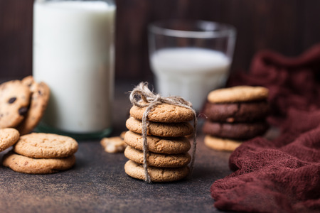 Chocolate chip cookies on a wooden table. Homemade cookies dessert.