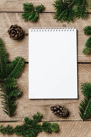 Christmas background with christmas decor on rustic background. Christmas and New year theme. Top view with copy spaceの写真素材