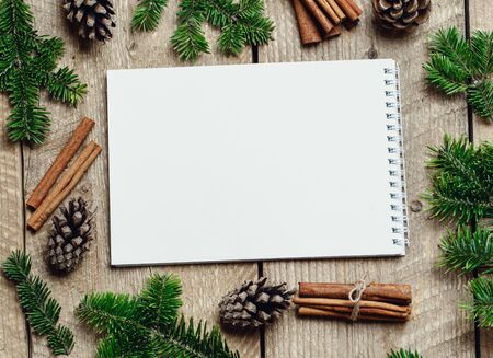 Christmas background with christmas decor on rustic background. Christmas and New year theme. Top view with copy spaceの写真素材