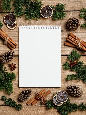 Christmas background with christmas decor on rustic background. Christmas and New year theme. Top view with copy spaceの写真素材