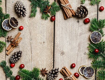 Christmas background with christmas decor on rustic background. Christmas and New year theme. Top view with copy spaceの写真素材